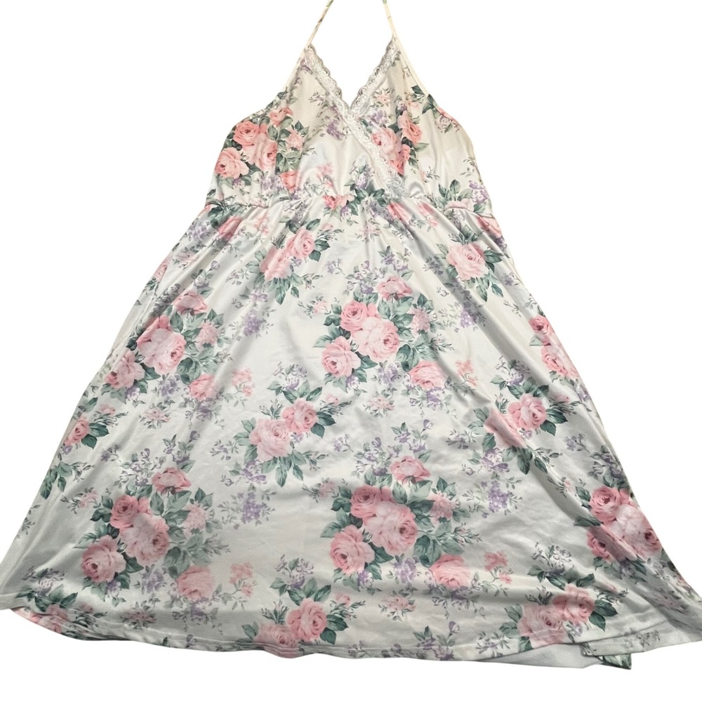 Floral Halter Nightgown Pink Rose Print Lace Trim Satin Sleep Dress Cream Small